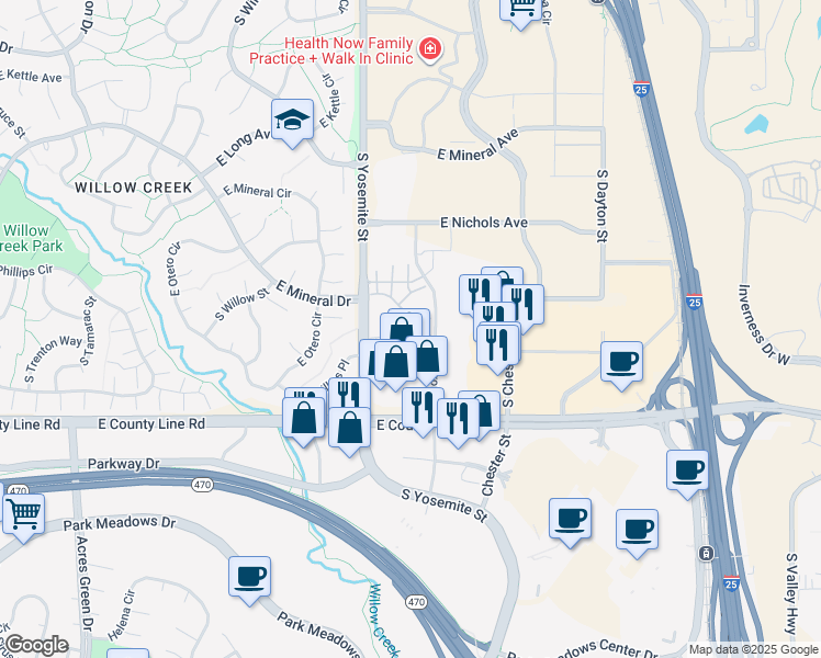 map of restaurants, bars, coffee shops, grocery stores, and more near 9031 East Phillips Drive in Centennial