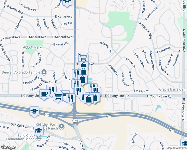 map of restaurants, bars, coffee shops, grocery stores, and more near 2680 East Otero Place in Centennial