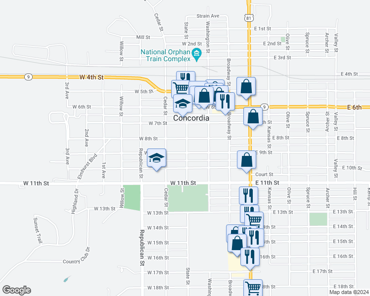 map of restaurants, bars, coffee shops, grocery stores, and more near 307-315 West 9th Street in Concordia