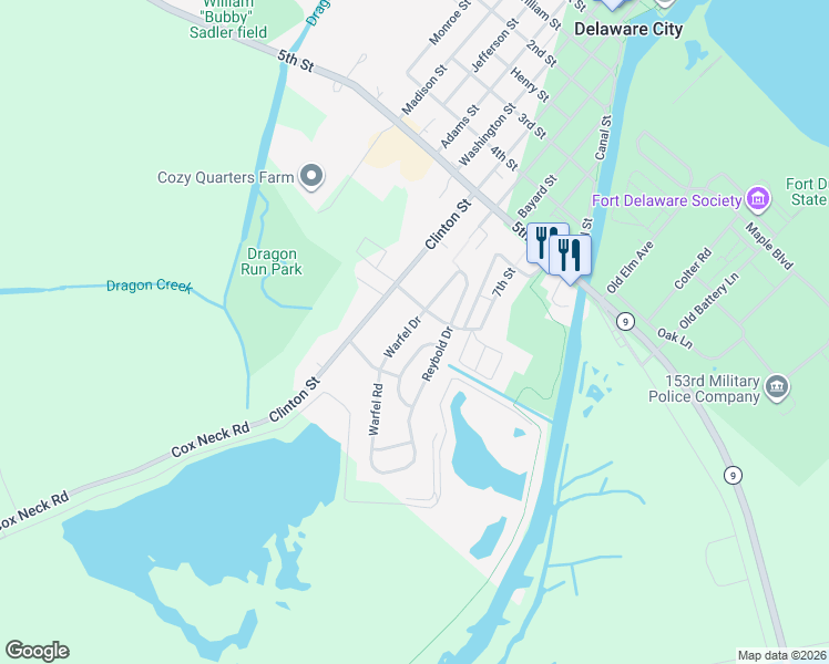 map of restaurants, bars, coffee shops, grocery stores, and more near 107 Clark Circle in Delaware City