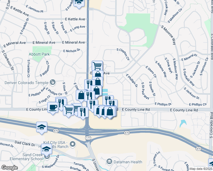 map of restaurants, bars, coffee shops, grocery stores, and more near 2670 East Otero Place in Centennial