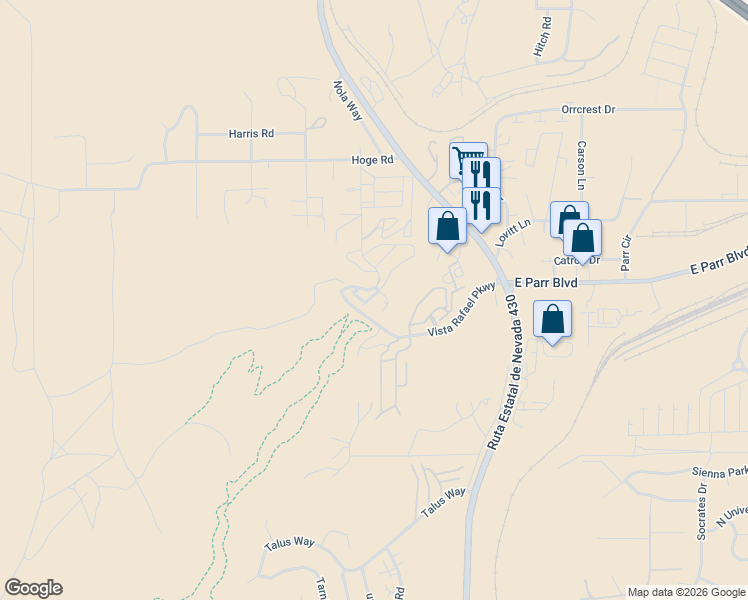 map of restaurants, bars, coffee shops, grocery stores, and more near 4620 Ciarra Kennedy Lane in Reno