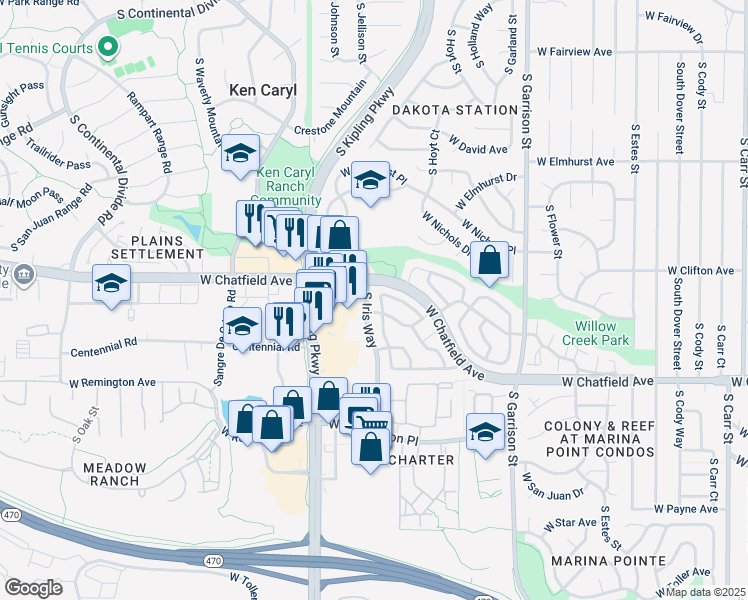 map of restaurants, bars, coffee shops, grocery stores, and more near 9650 West Chatfield Avenue in Littleton