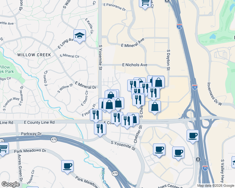 map of restaurants, bars, coffee shops, grocery stores, and more near 9090 East Phillips Lane in Centennial