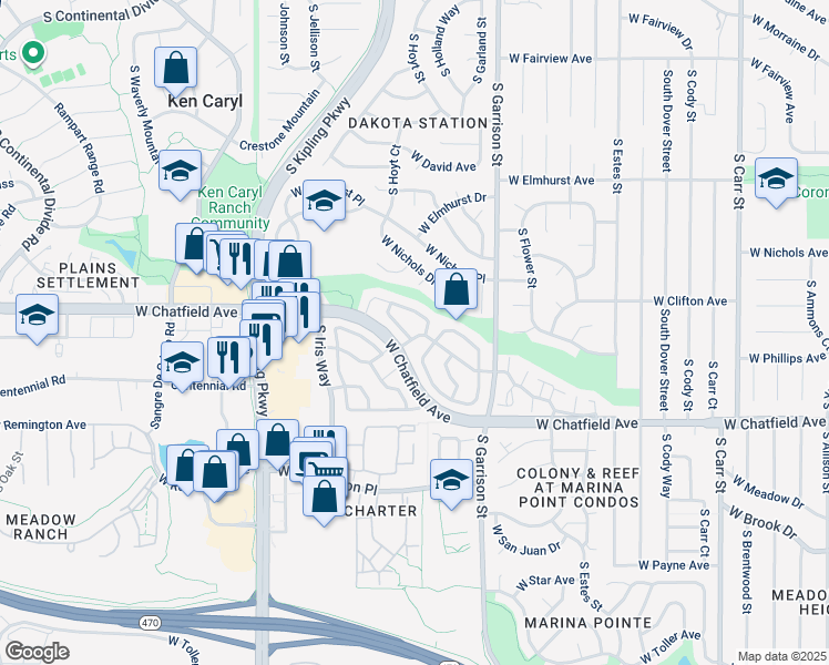 map of restaurants, bars, coffee shops, grocery stores, and more near 9603 West Chatfield Avenue in Littleton