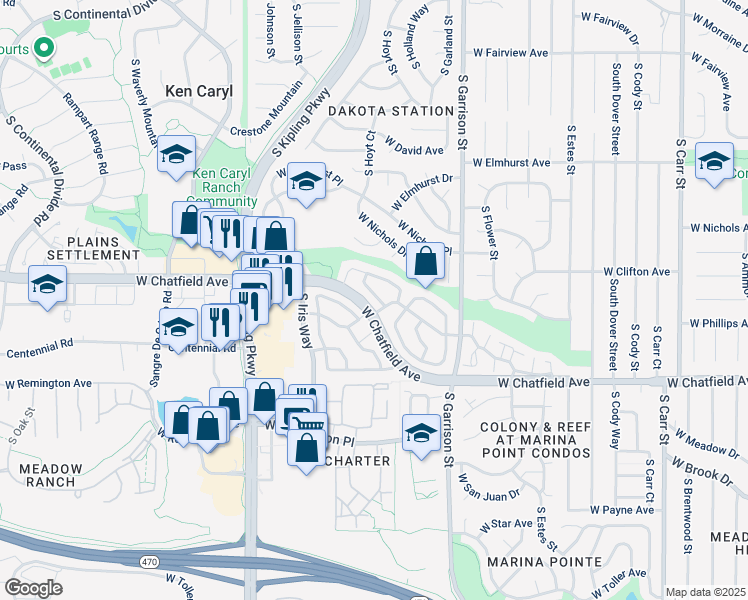 map of restaurants, bars, coffee shops, grocery stores, and more near 84F West Chatfield Avenue in Littleton