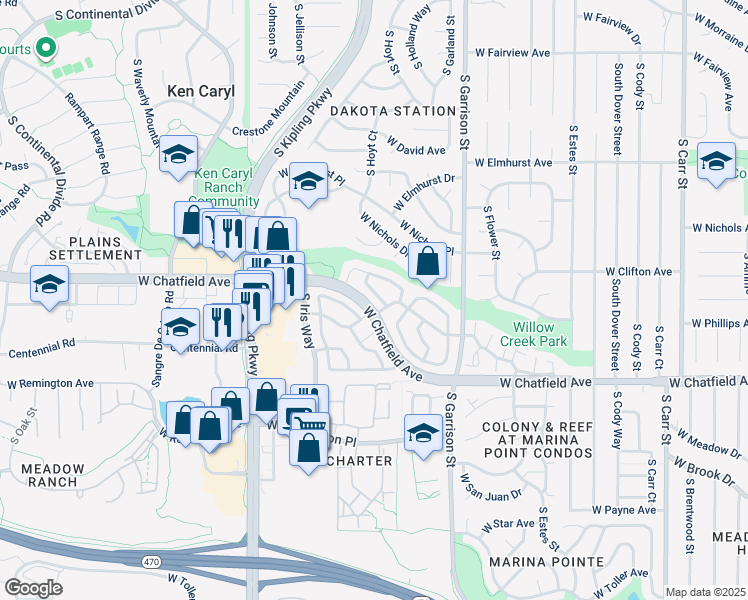 map of restaurants, bars, coffee shops, grocery stores, and more near 84F West Chatfield Avenue in Littleton