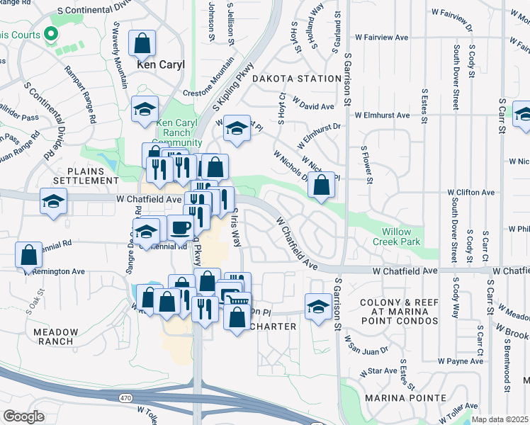 map of restaurants, bars, coffee shops, grocery stores, and more near 9654 West Chatfield Avenue in Littleton