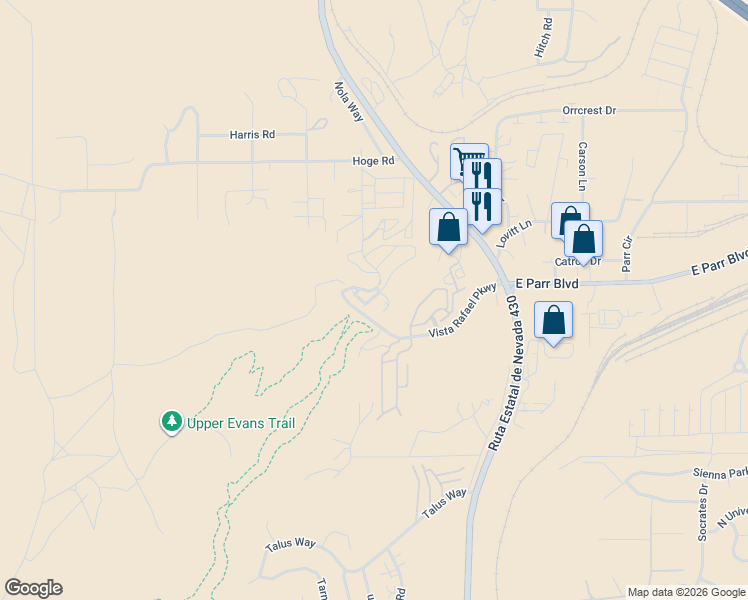 map of restaurants, bars, coffee shops, grocery stores, and more near 4620 Ciarra Kennedy Lane in Reno