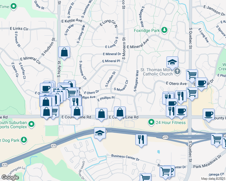 map of restaurants, bars, coffee shops, grocery stores, and more near 8190 South Monaco Circle in Centennial