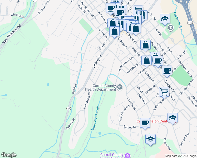 map of restaurants, bars, coffee shops, grocery stores, and more near 131 City View Avenue in Westminster