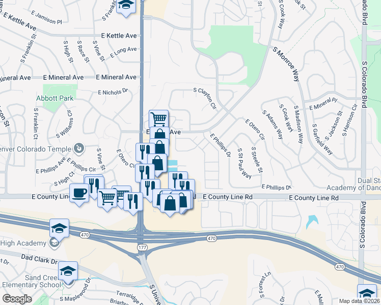 map of restaurants, bars, coffee shops, grocery stores, and more near 2680 East Otero Place in Centennial
