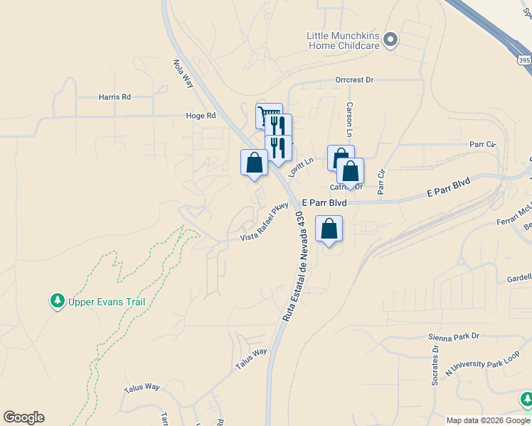 map of restaurants, bars, coffee shops, grocery stores, and more near 93 Vista Rafael Parkway in Reno