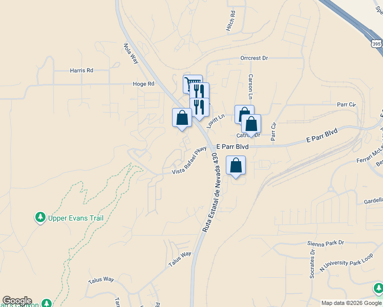 map of restaurants, bars, coffee shops, grocery stores, and more near 93 Vista Rafael Parkway in Reno