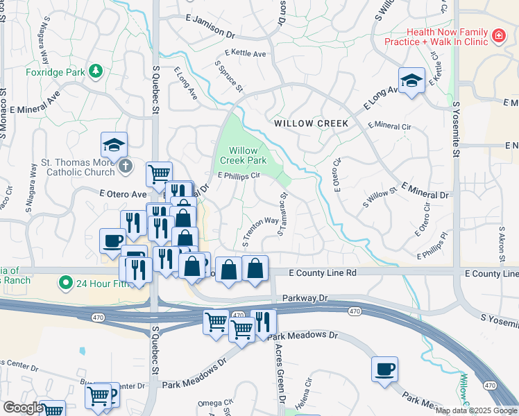 map of restaurants, bars, coffee shops, grocery stores, and more near 8114 South Spruce Court in Centennial