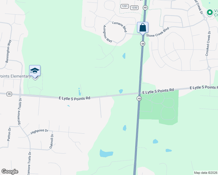 map of restaurants, bars, coffee shops, grocery stores, and more near 1242 East Lytle 5 Points Road in Centerville