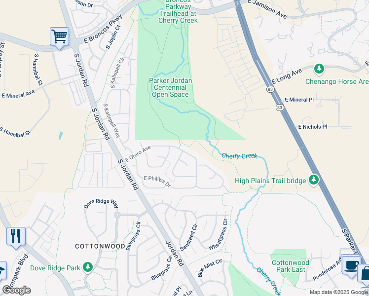 map of restaurants, bars, coffee shops, grocery stores, and more near 16421 East Otero Avenue in Englewood