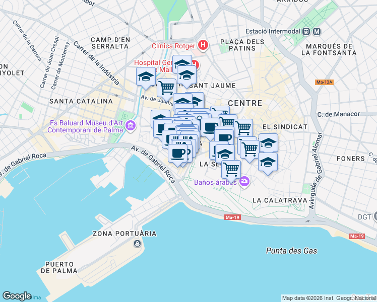 map of restaurants, bars, coffee shops, grocery stores, and more near 7 Passeig del Born in Palma