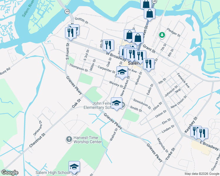 map of restaurants, bars, coffee shops, grocery stores, and more near 103 Chestnut Street in Salem