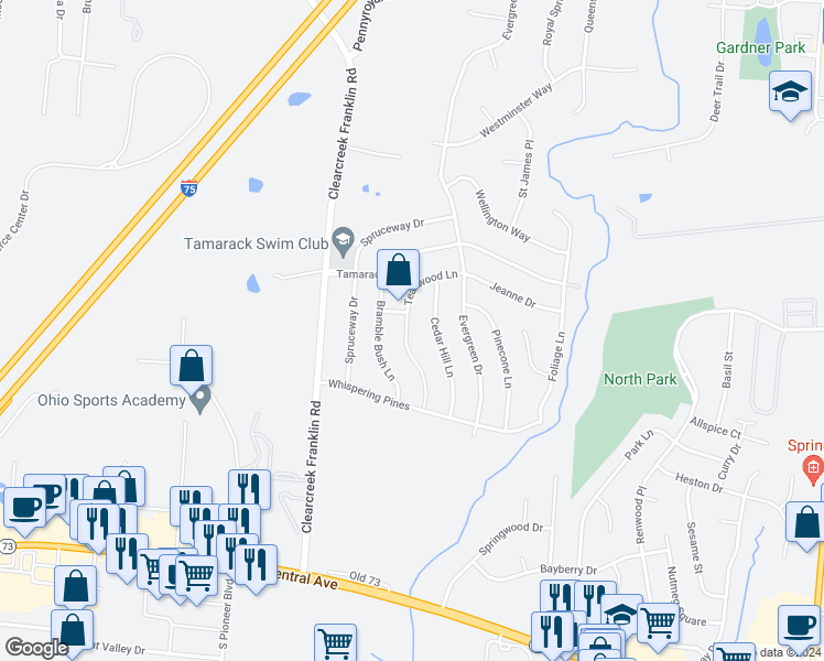 map of restaurants, bars, coffee shops, grocery stores, and more near 210 Teakwood Lane in Springboro