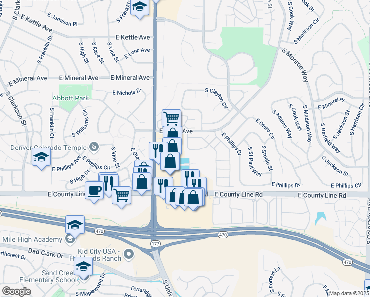 map of restaurants, bars, coffee shops, grocery stores, and more near 2670 East Otero Place in Centennial