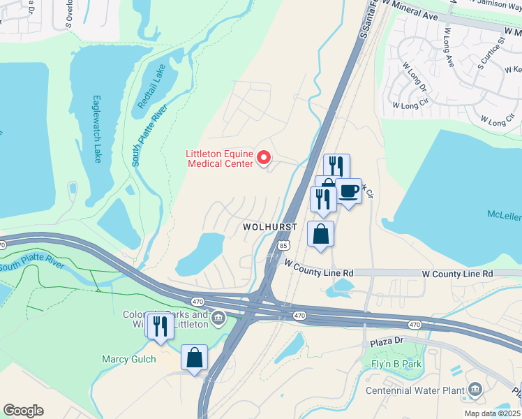 map of restaurants, bars, coffee shops, grocery stores, and more near South Santa Fe Drive in Littleton