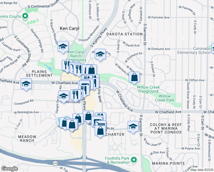 map of restaurants, bars, coffee shops, grocery stores, and more near 9654 West Chatfield Avenue in Littleton