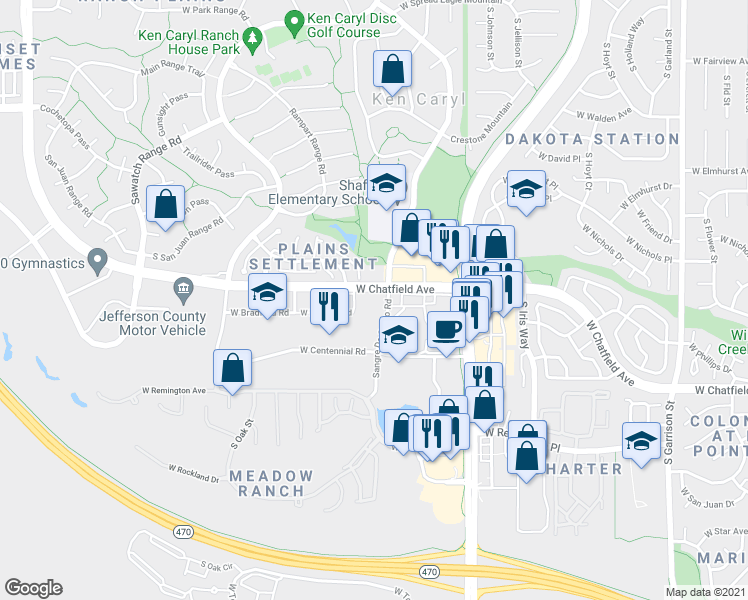 map of restaurants, bars, coffee shops, grocery stores, and more near 8341 Sangre De Cristo Road in Littleton