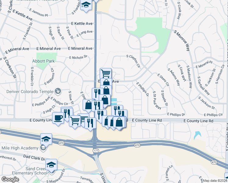 map of restaurants, bars, coffee shops, grocery stores, and more near 2670 East Otero Place in Centennial