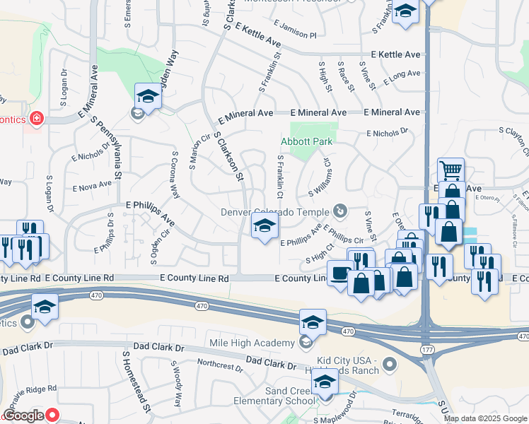 map of restaurants, bars, coffee shops, grocery stores, and more near South Humboldt Circle in Centennial