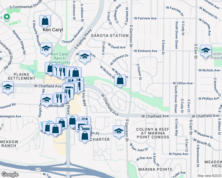 map of restaurants, bars, coffee shops, grocery stores, and more near 9603 West Chatfield Avenue in Littleton