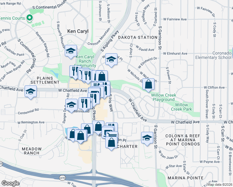 map of restaurants, bars, coffee shops, grocery stores, and more near 9654 West Chatfield Avenue in Littleton