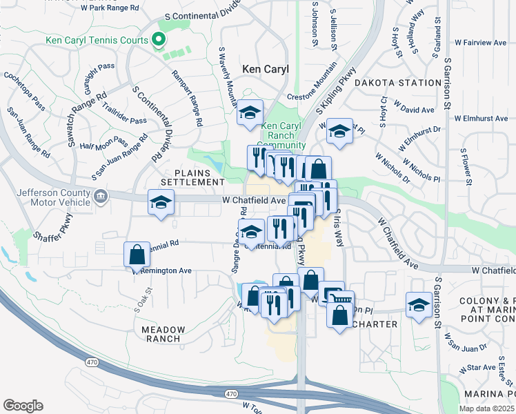 map of restaurants, bars, coffee shops, grocery stores, and more near 10248 West Chatfield Avenue in Littleton
