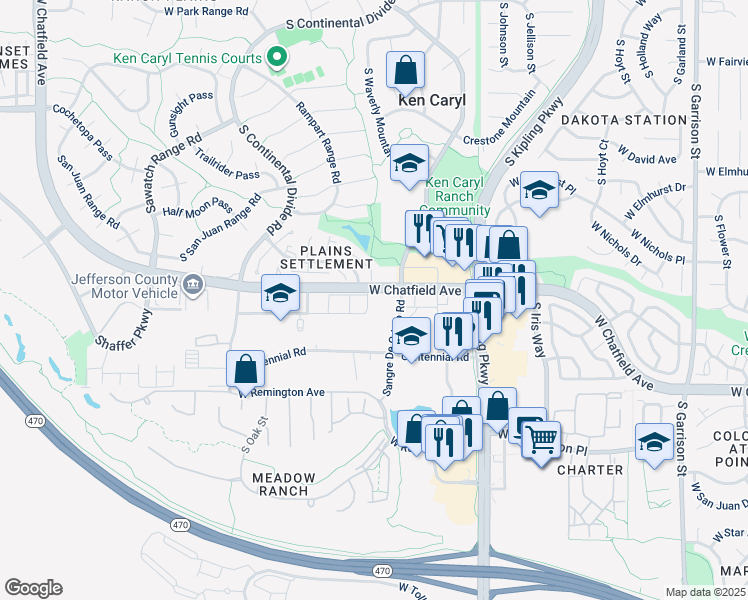 map of restaurants, bars, coffee shops, grocery stores, and more near 8341 Sangre De Cristo Road in Littleton