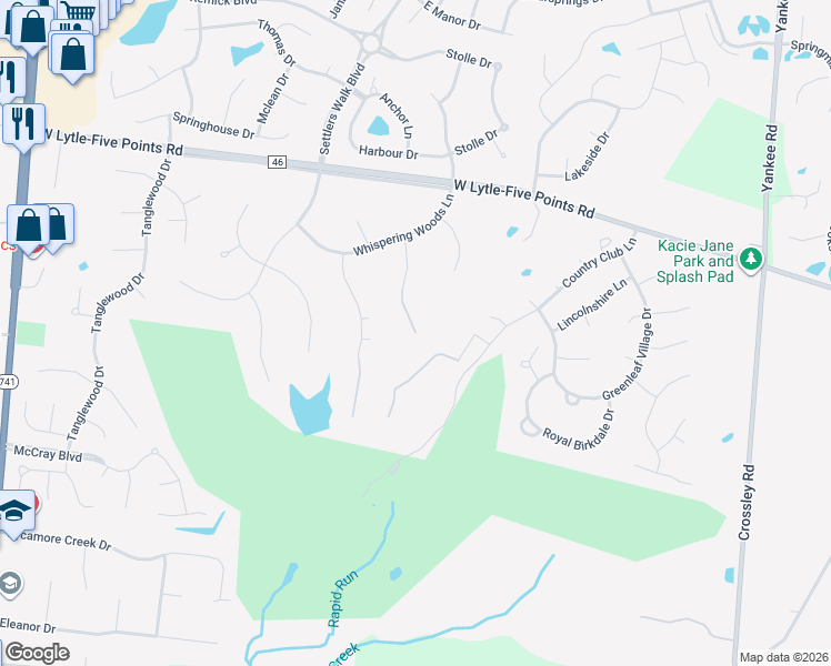 map of restaurants, bars, coffee shops, grocery stores, and more near 8700 Toftrees Lane in Springboro