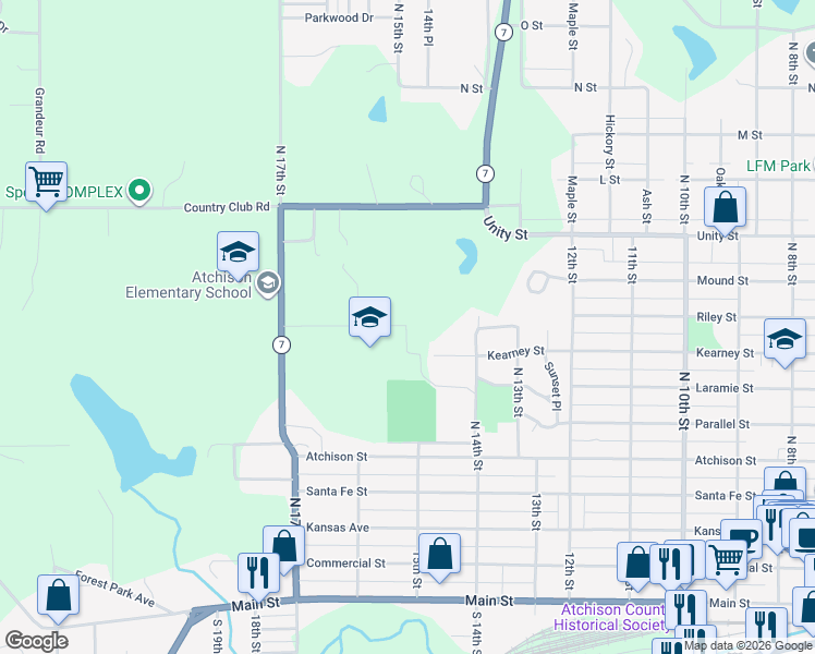 map of restaurants, bars, coffee shops, grocery stores, and more near 1500 West Riley Street in Atchison