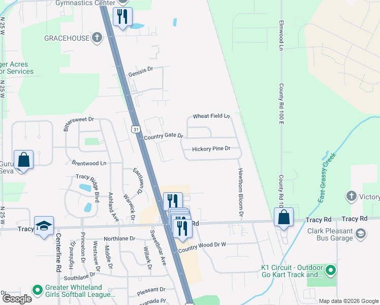 map of restaurants, bars, coffee shops, grocery stores, and more near 627 Hickory Pine Drive in Whiteland