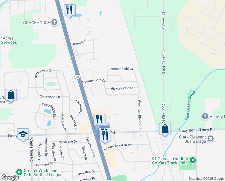 map of restaurants, bars, coffee shops, grocery stores, and more near 647 Hickory Pine Drive in Whiteland