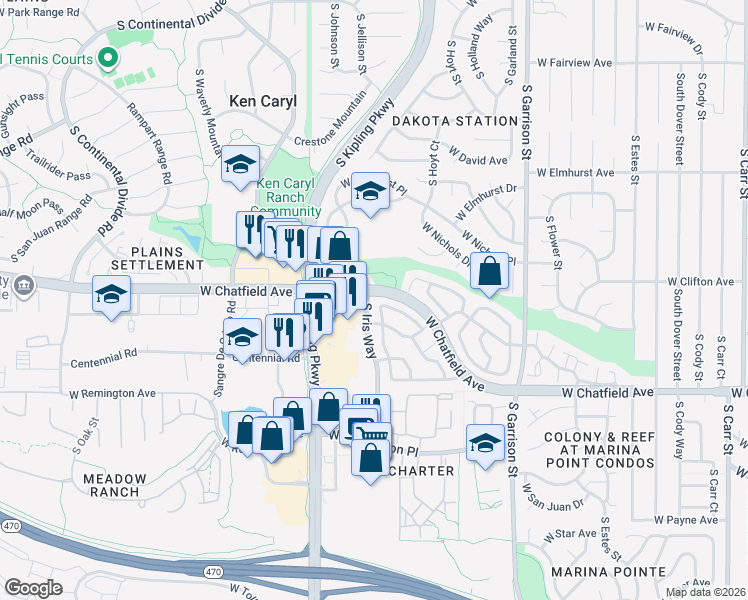 map of restaurants, bars, coffee shops, grocery stores, and more near 9700 West Chatfield Avenue in Littleton