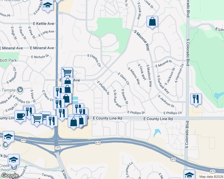 map of restaurants, bars, coffee shops, grocery stores, and more near 3066 East Otero Place in Centennial