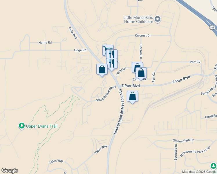 map of restaurants, bars, coffee shops, grocery stores, and more near 4675 North Virginia Street in Reno
