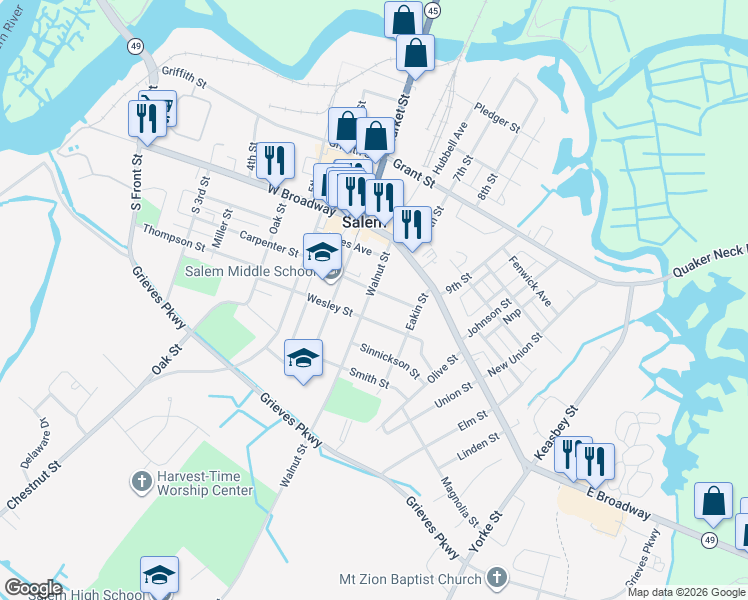 map of restaurants, bars, coffee shops, grocery stores, and more near 14 Walnut Street in Salem