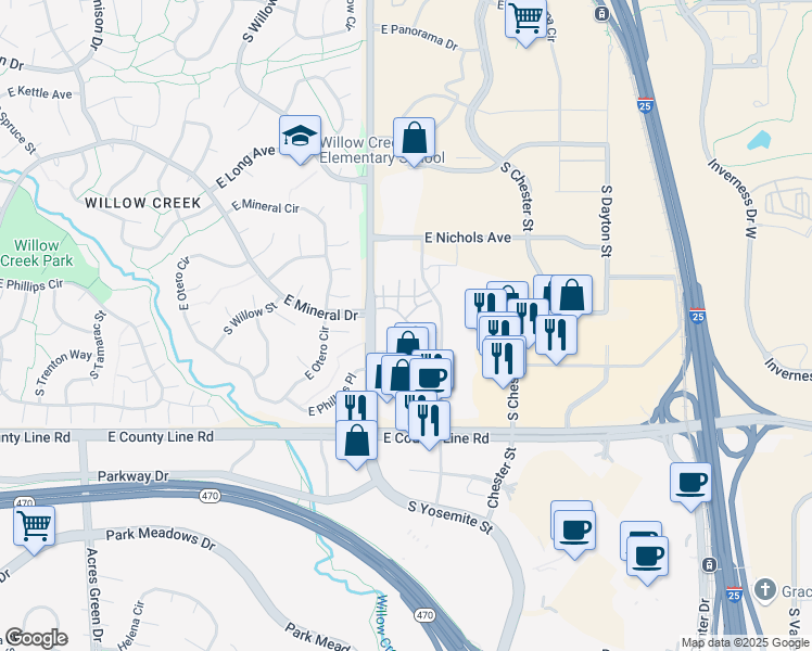 map of restaurants, bars, coffee shops, grocery stores, and more near 8984 East Nichols Place in Centennial