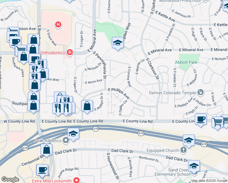 map of restaurants, bars, coffee shops, grocery stores, and more near 915 East Otero Avenue in Centennial