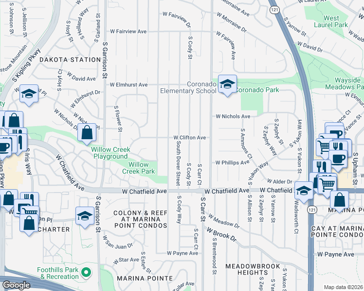 map of restaurants, bars, coffee shops, grocery stores, and more near 8097 South Dover Street in Littleton