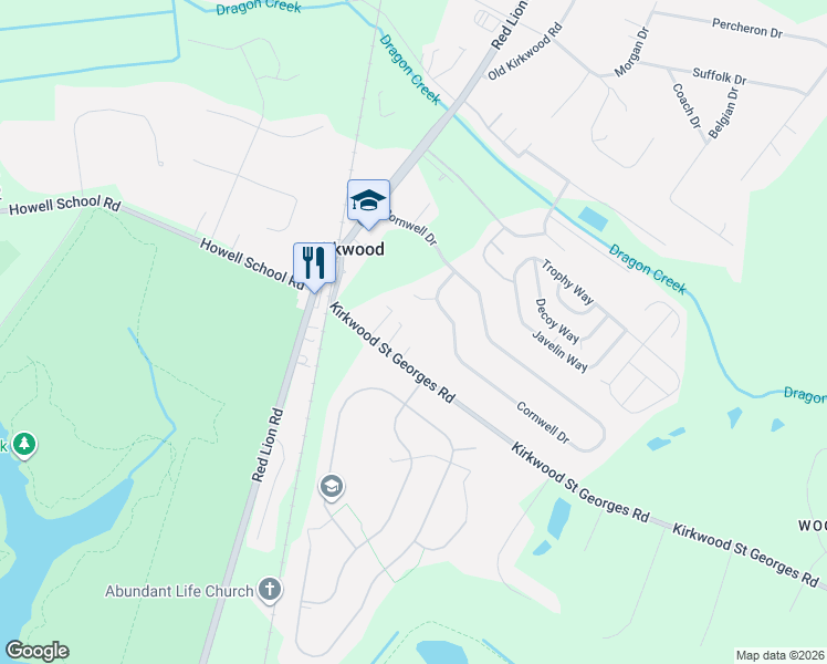 map of restaurants, bars, coffee shops, grocery stores, and more near 3688 Kirkwood Saint Georges Road in Bear