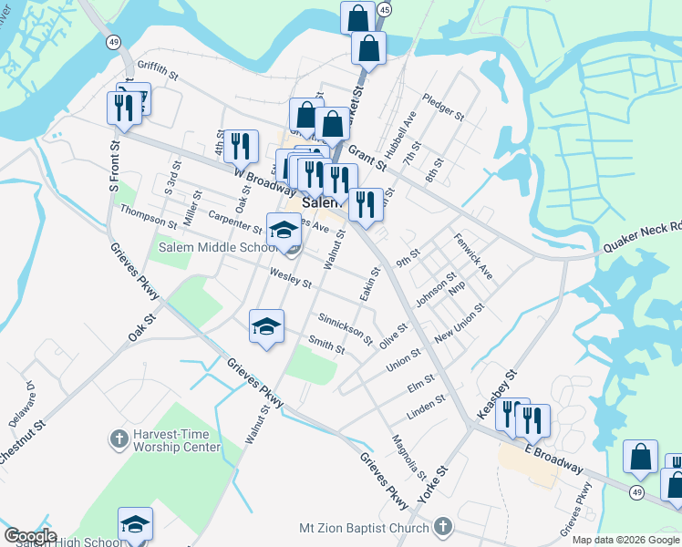 map of restaurants, bars, coffee shops, grocery stores, and more near 14 Walnut Street in Salem
