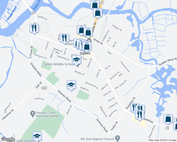 map of restaurants, bars, coffee shops, grocery stores, and more near 30 Walnut Street in Salem