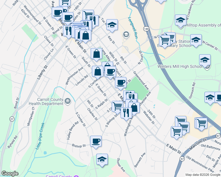 map of restaurants, bars, coffee shops, grocery stores, and more near 210 E Main St in Westminster