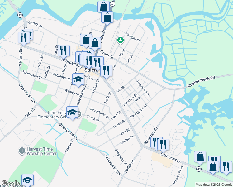 map of restaurants, bars, coffee shops, grocery stores, and more near 258 East Broadway in Salem